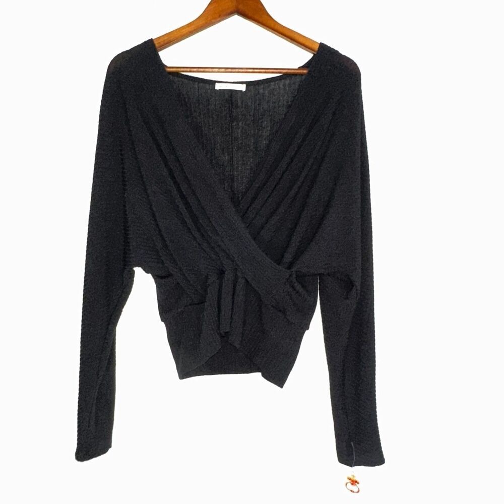 Wasabi + Mint Womens Long‎ Sleeve Large Black Ribbed Wrap Cropped Top Stretch